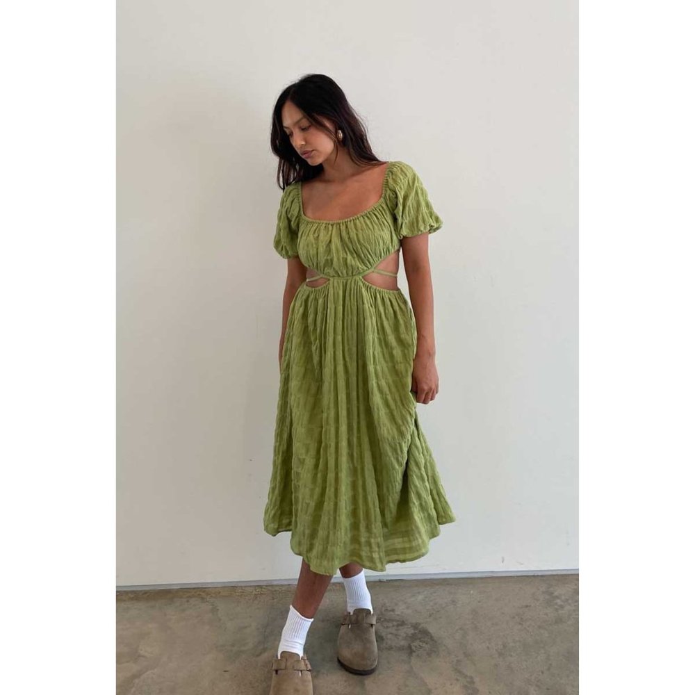 Spring Style Green Matcha Cut-Out Midi Dress 100% Cotton